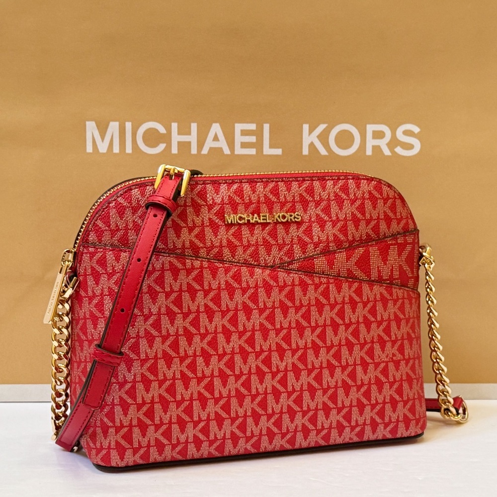 🌟 NWT Michael Kors Jet Set Travel Medium Dome Crossbody Bag MK Gold/Bright Red🌟